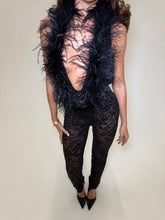 Load image into Gallery viewer, EXCLUSIVE DESIGN: VALENTINA OSTRICH FEATHER SEQUIN LACE JUMPSUIT | BLACK