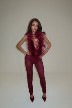 Load image into Gallery viewer, EXCLUSIVE DESIGN: VALENTINA OSTRICH FEATHER SEQUIN LACE JUMPSUIT | BURGUNDY