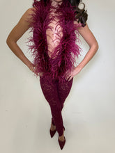 Load image into Gallery viewer, EXCLUSIVE DESIGN: VALENTINA OSTRICH FEATHER SEQUIN LACE JUMPSUIT | BURGUNDY