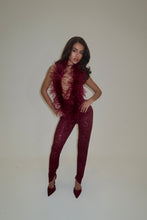 Load image into Gallery viewer, EXCLUSIVE DESIGN: VALENTINA OSTRICH FEATHER SEQUIN LACE JUMPSUIT | BURGUNDY
