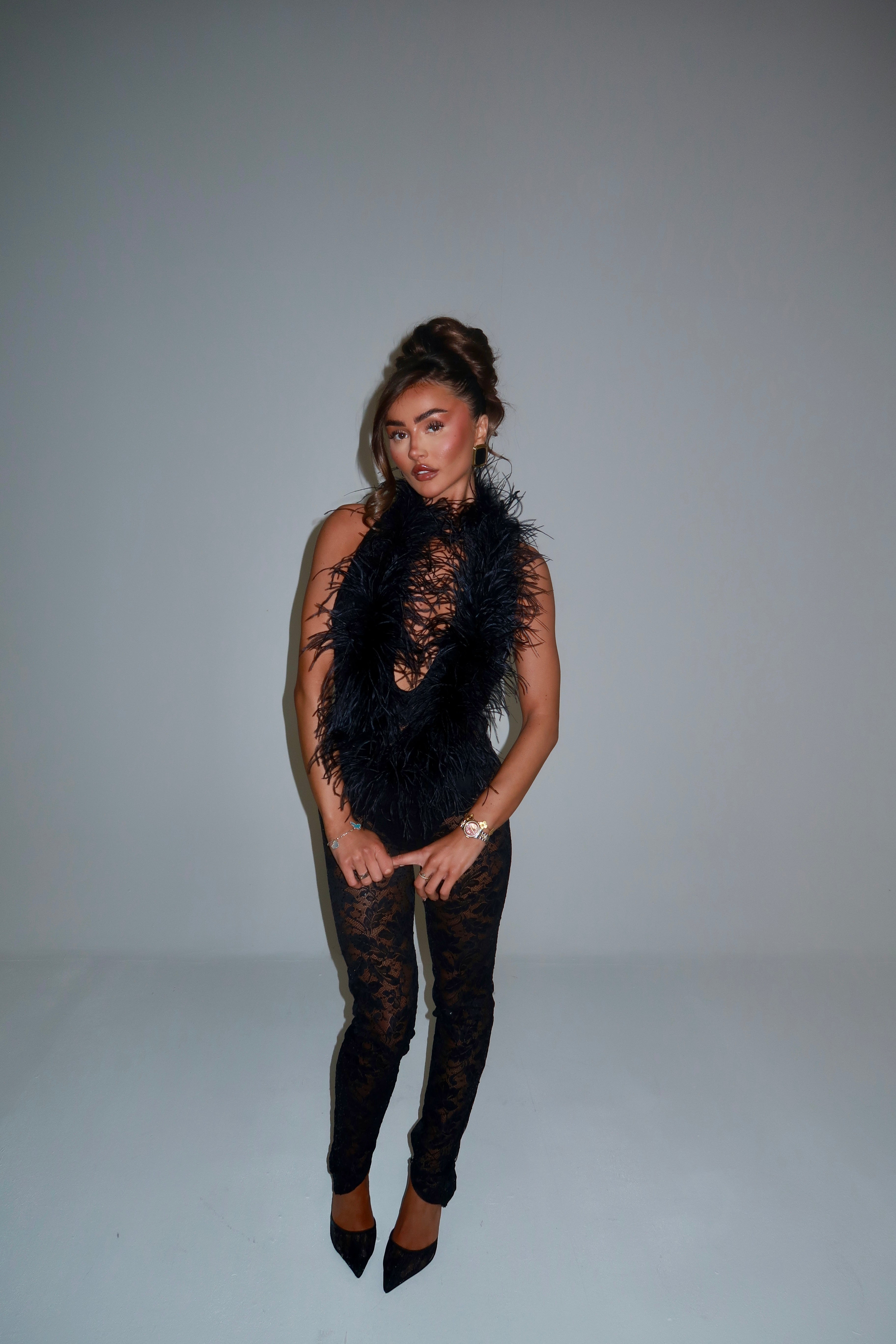 VALENTINA OSTRICH FEATHER SEQUIN LACE JUMPSUIT | BLACK