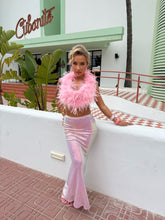 Load image into Gallery viewer, EXCLUSIVE DESIGN - PRE ORDER SHIPS 18.06: MERMAID OSTRICH FEATHER CROP TOP &amp; SEQUIN MAXI SKIRT CO-ORD (BABY PINK)
