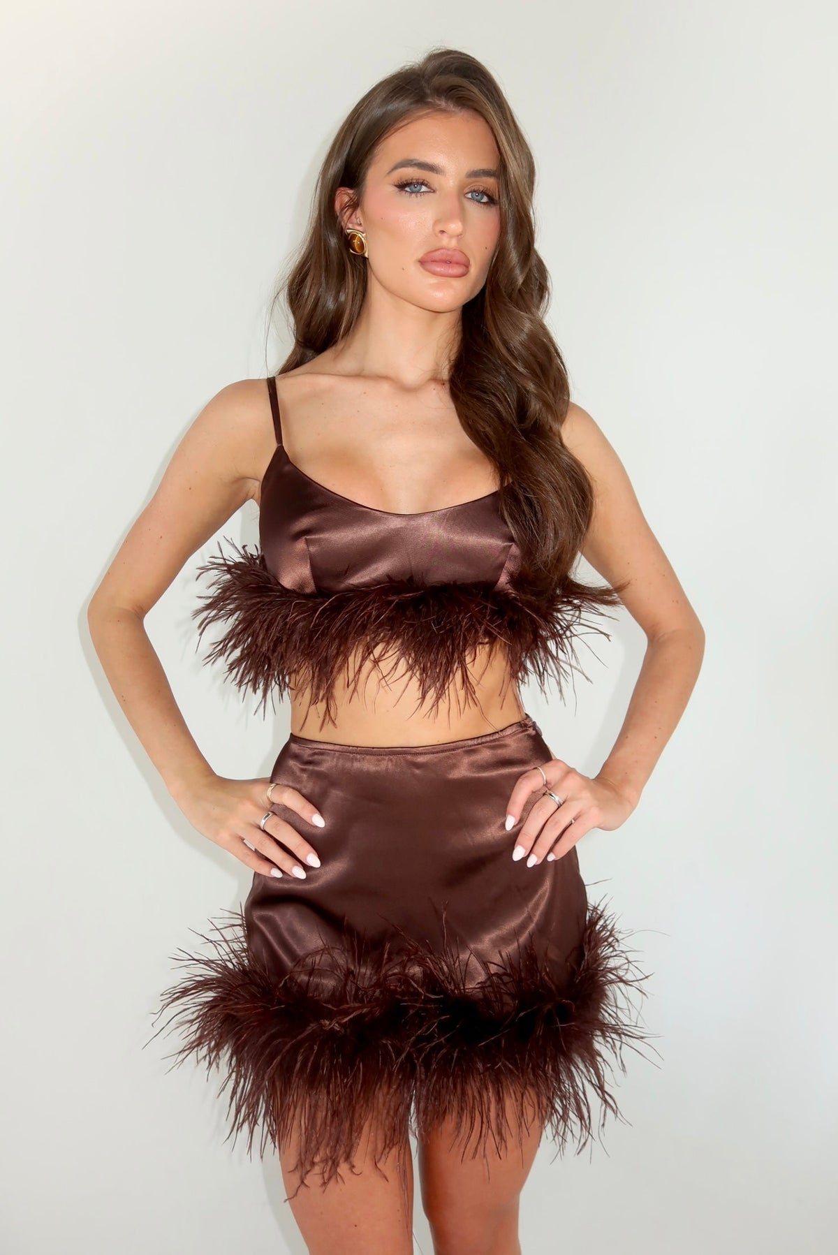 SIENNA OSTRICH FEATHER MINI SKIRT | CHOCOLATE