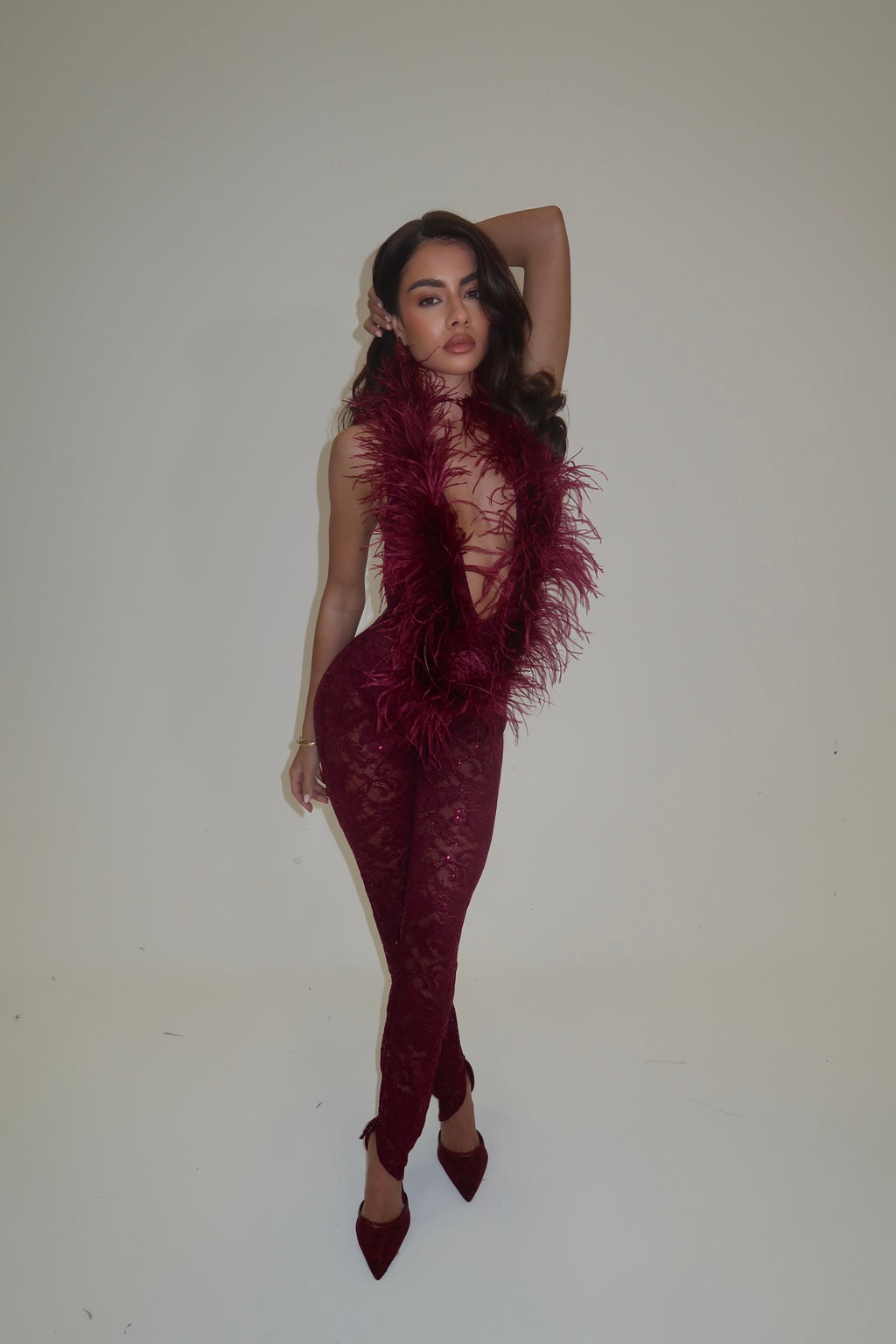 EXCLUSIVE DESIGN: VALENTINA OSTRICH FEATHER SEQUIN LACE JUMPSUIT | BURGUNDY