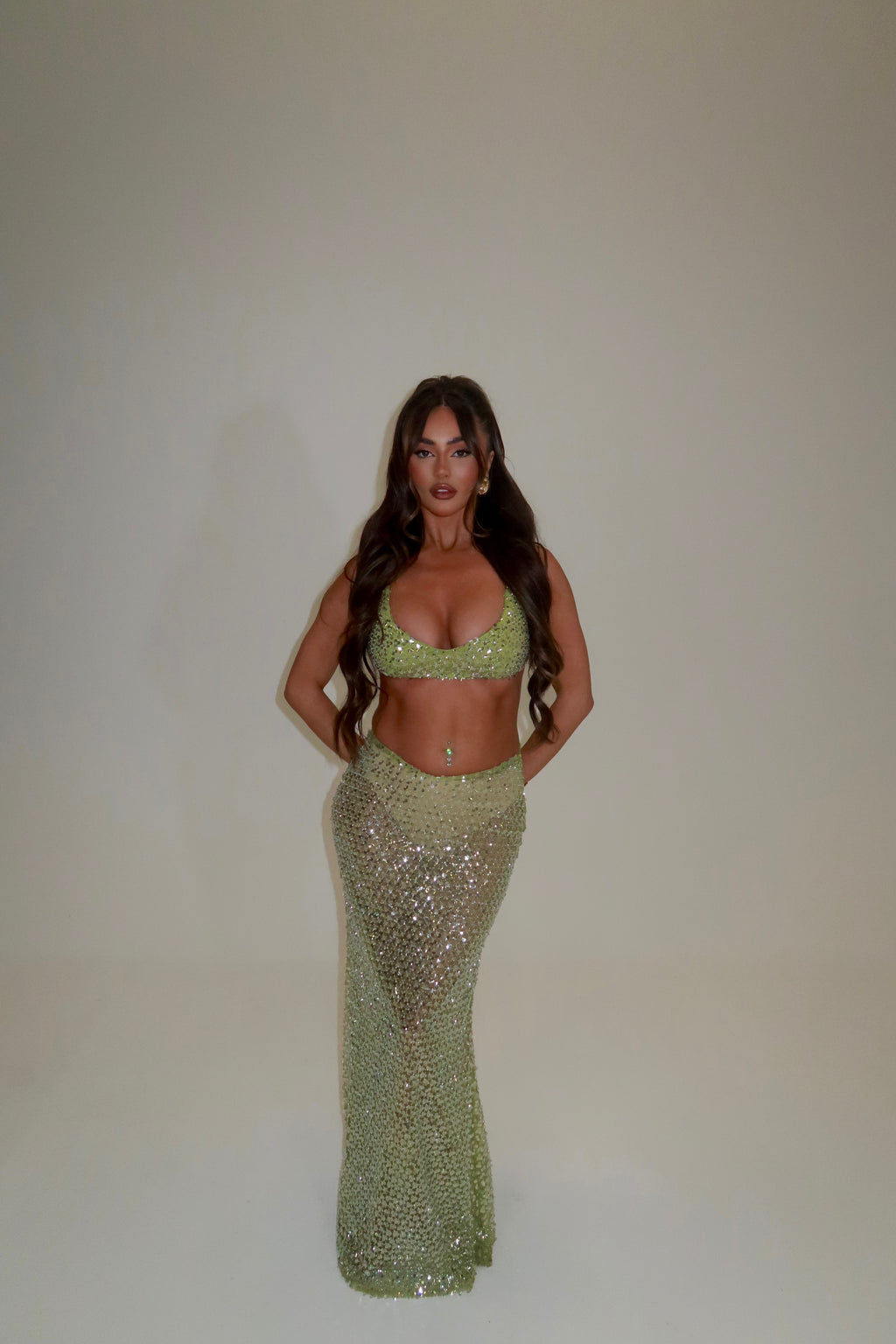 AURA SEQUIN BRALET & MAXI SKIRT CO-ORD | LIME