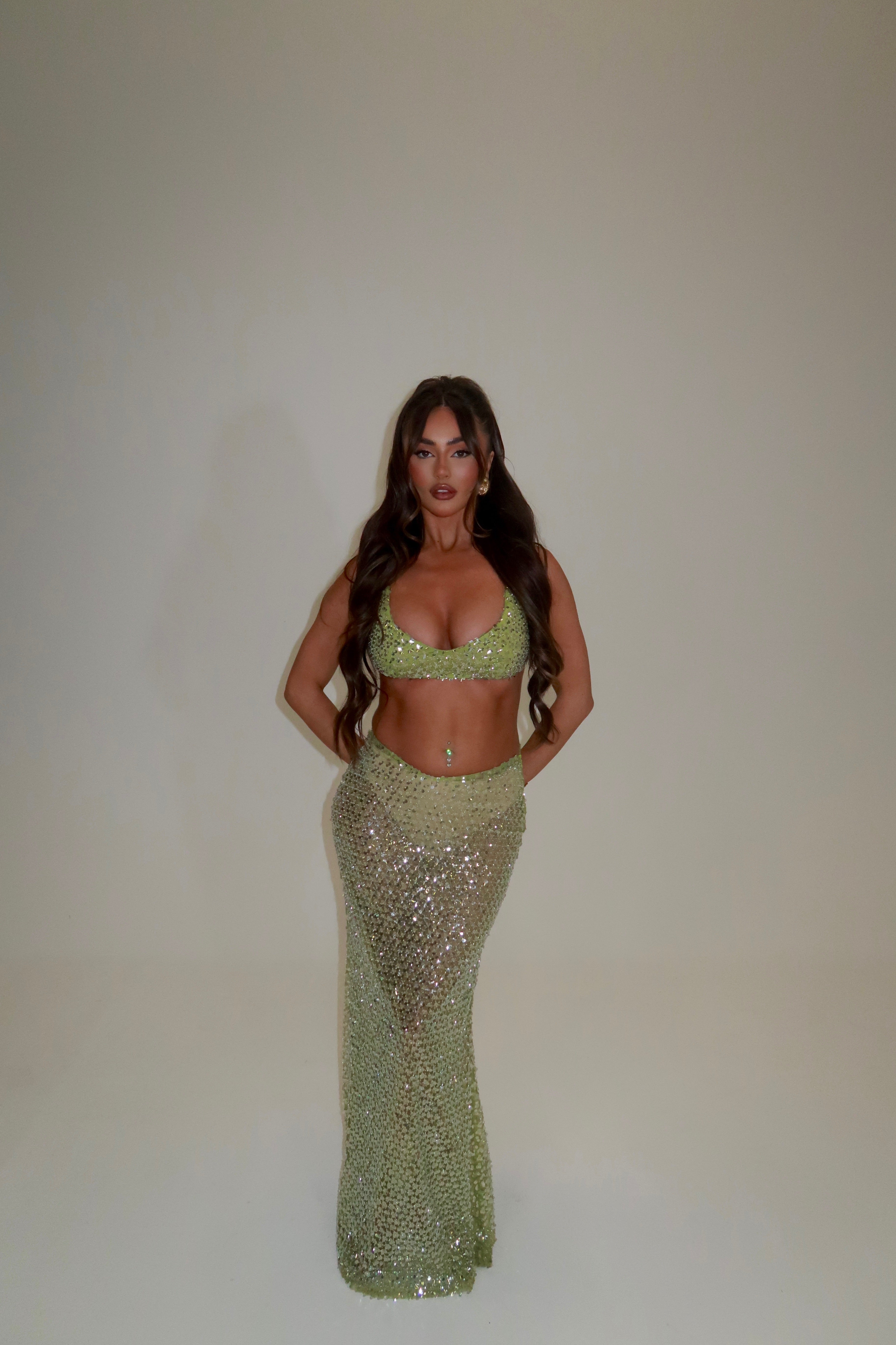 AURA SEQUIN BRALET & MAXI SKIRT CO-ORD | LIME