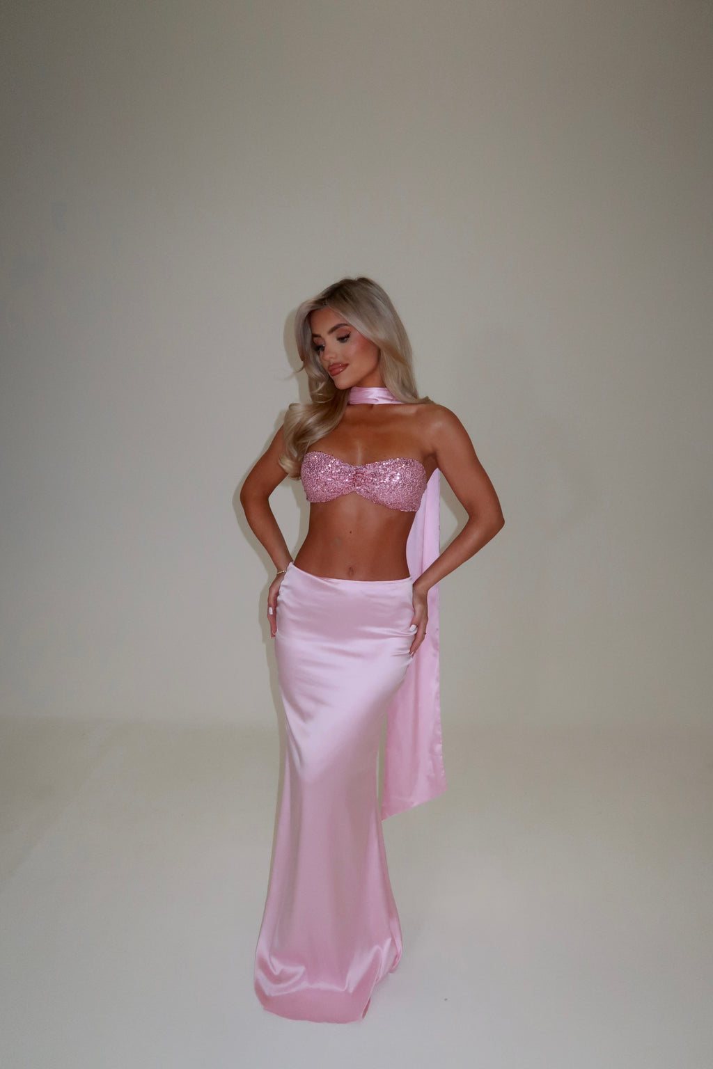 PRINCESS SEQUIN BRALET & SATIN MAXI SKIRT CO-ORD WITH SCARF | PINK