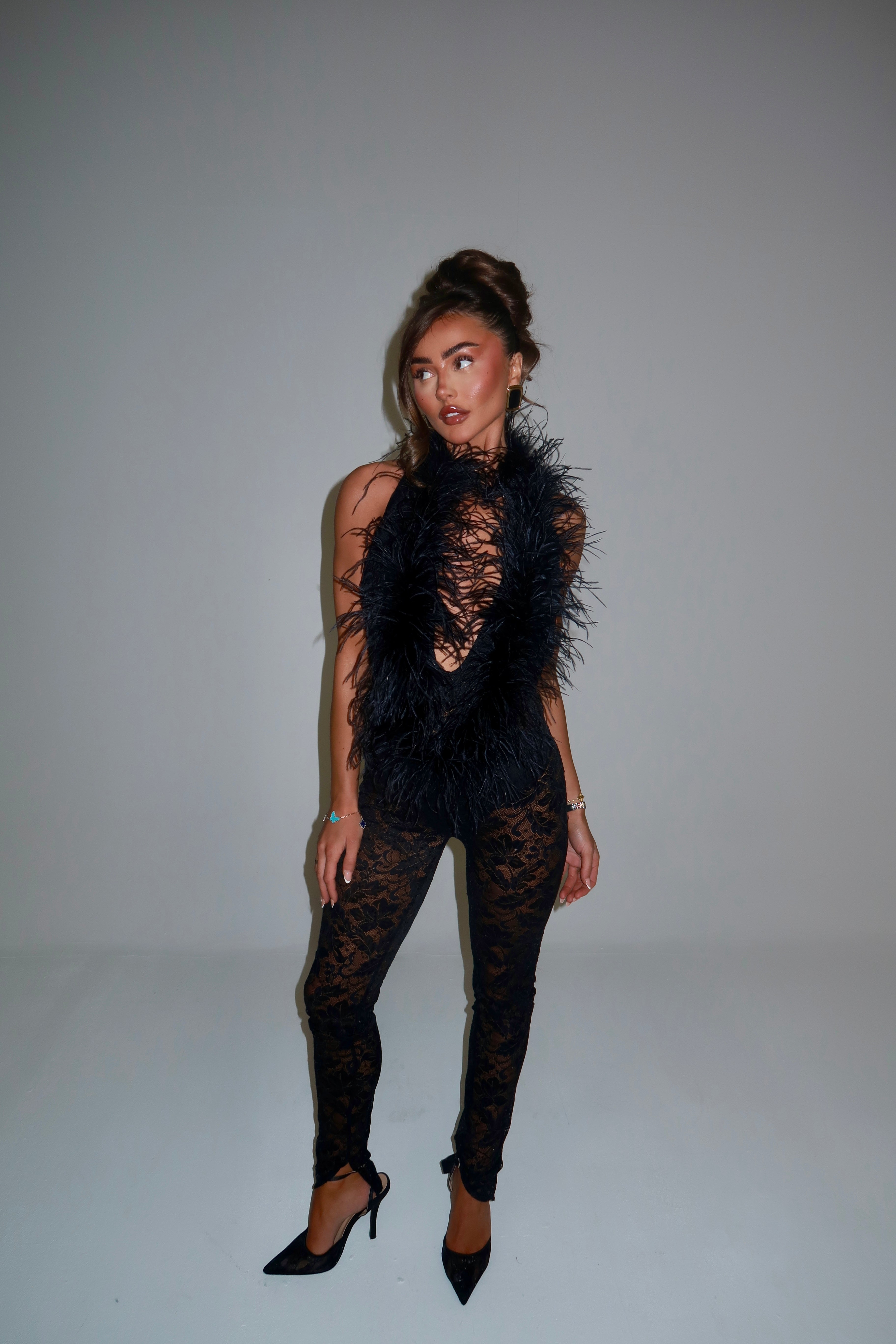 EXCLUSIVE DESIGN: VALENTINA OSTRICH FEATHER SEQUIN LACE JUMPSUIT | BLACK
