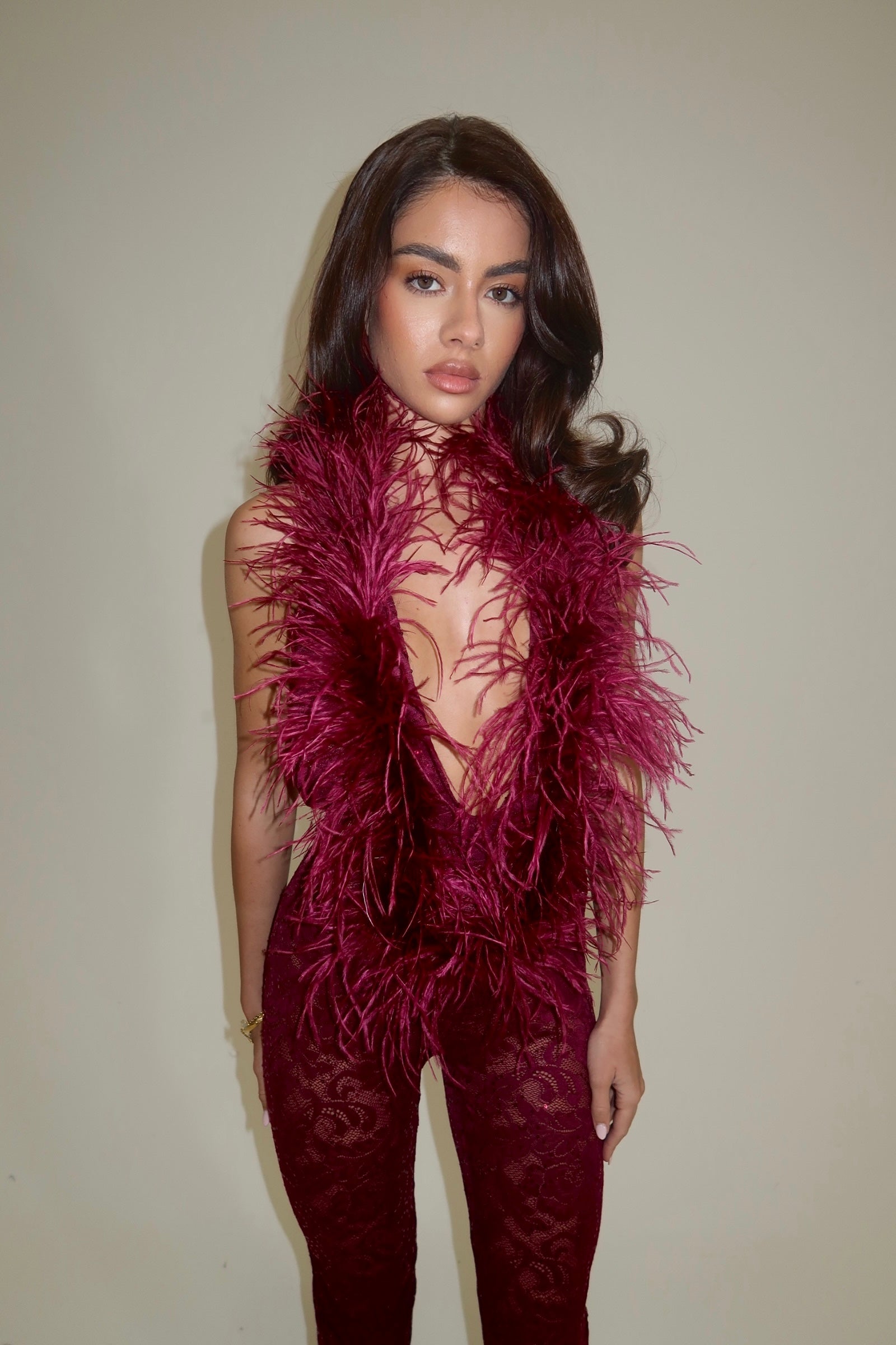 EXCLUSIVE DESIGN: VALENTINA OSTRICH FEATHER SEQUIN LACE JUMPSUIT | BURGUNDY