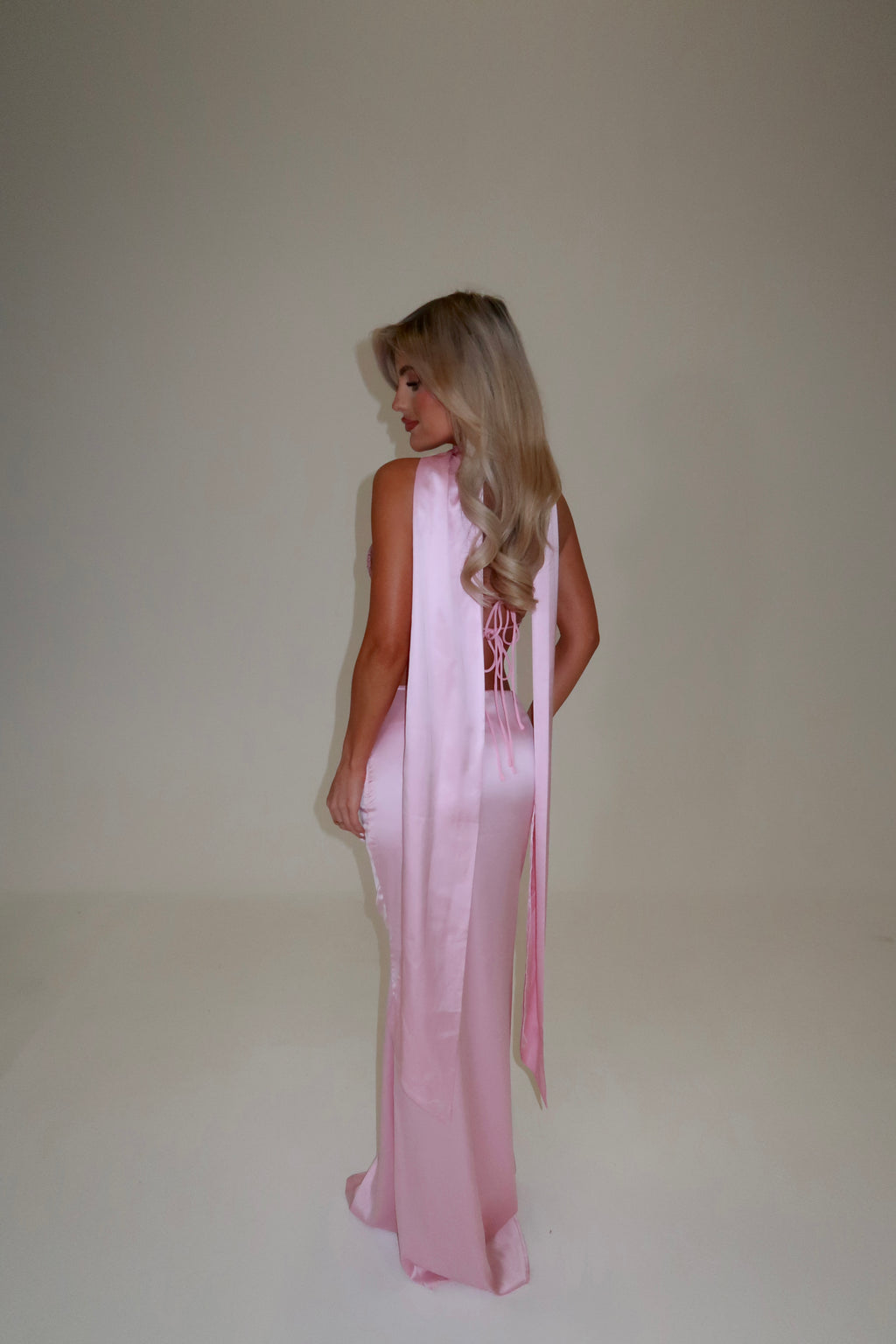 PRINCESS SEQUIN BRALET & SATIN MAXI SKIRT CO-ORD WITH SCARF | PINK
