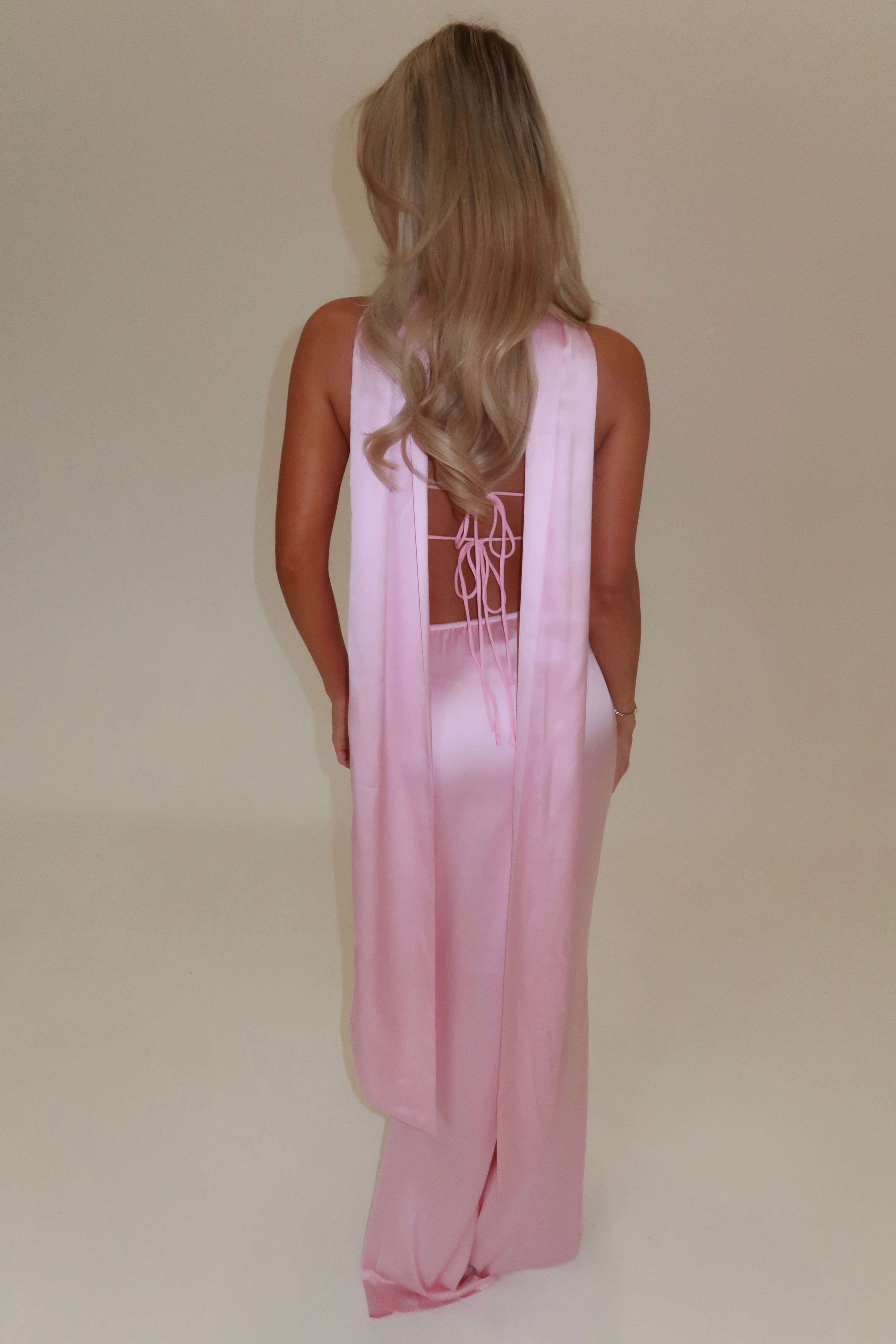 PRINCESS SEQUIN BRALET & SATIN MAXI SKIRT CO-ORD WITH SCARF | PINK
