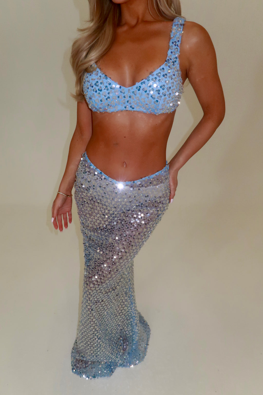 AURA SEQUIN BRALET & MAXI SKIRT CO-ORD | ICEY BLUE