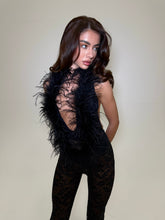 Load image into Gallery viewer, EXCLUSIVE DESIGN: VALENTINA OSTRICH FEATHER SEQUIN LACE JUMPSUIT | BLACK
