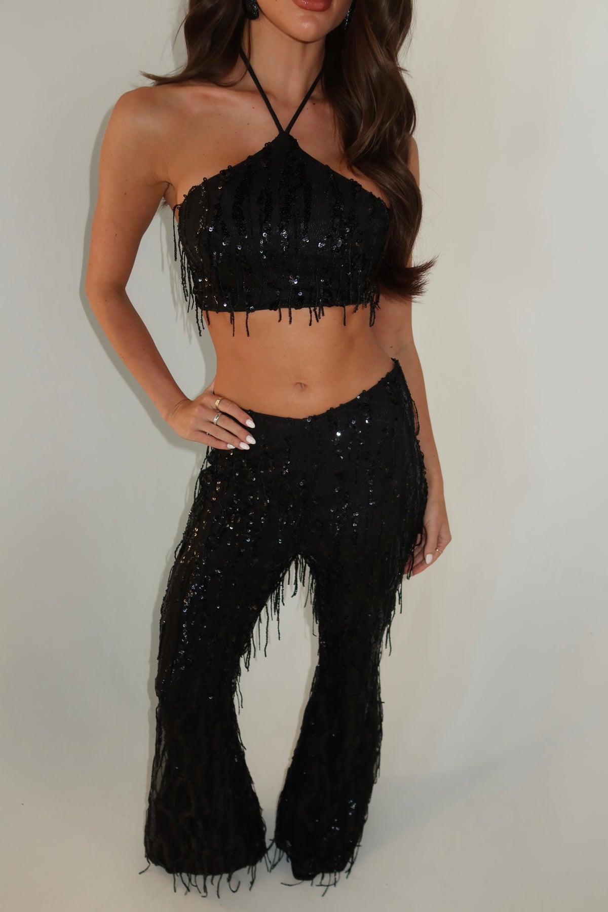 NICOLE SEQUIN HALTER NECK TOP & TROUSER CO-ORD | BLACK