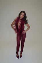Load image into Gallery viewer, EXCLUSIVE DESIGN: VALENTINA OSTRICH FEATHER SEQUIN LACE JUMPSUIT | BURGUNDY

