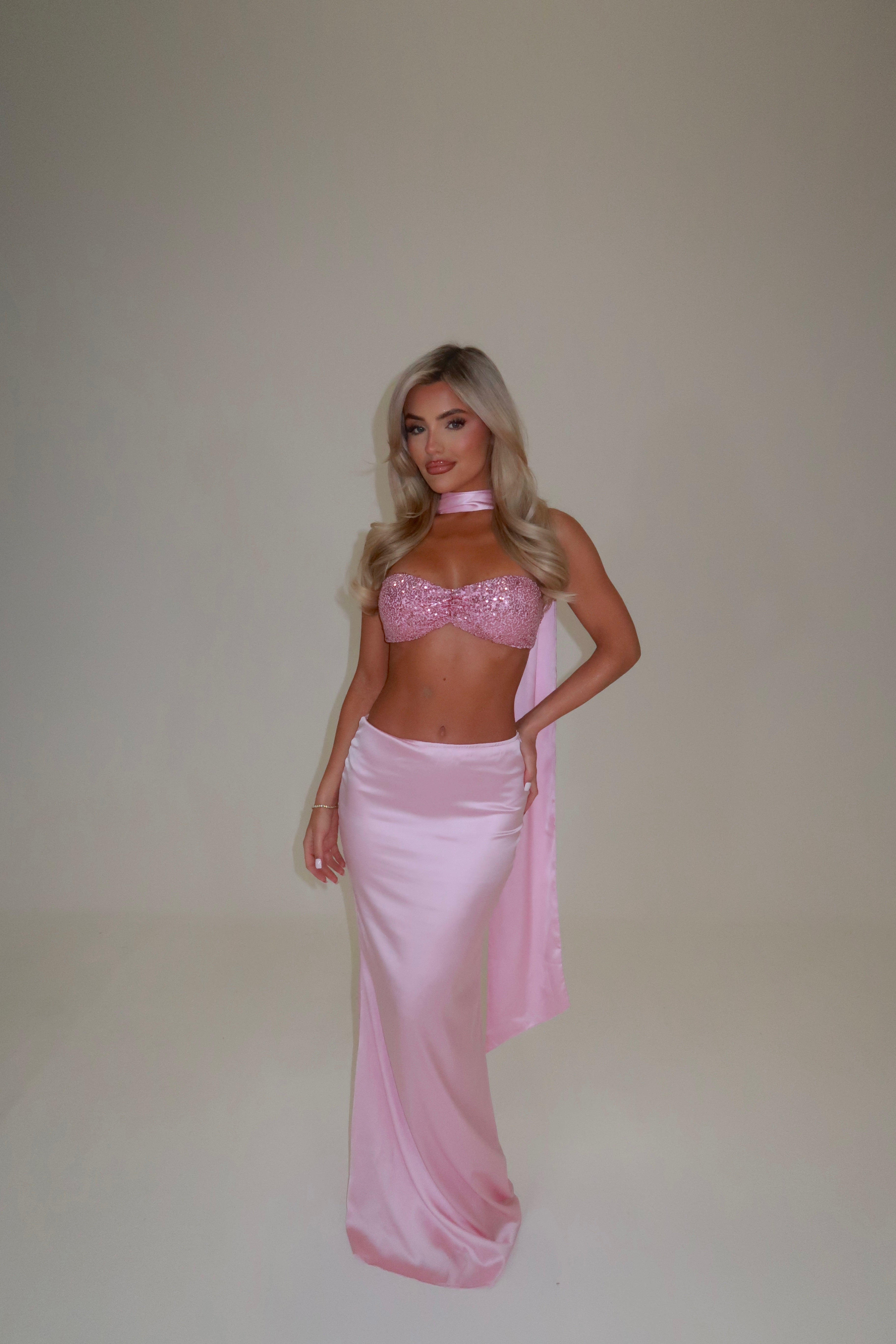 PRINCESS SEQUIN BRALET & SATIN MAXI SKIRT CO-ORD WITH SCARF | PINK