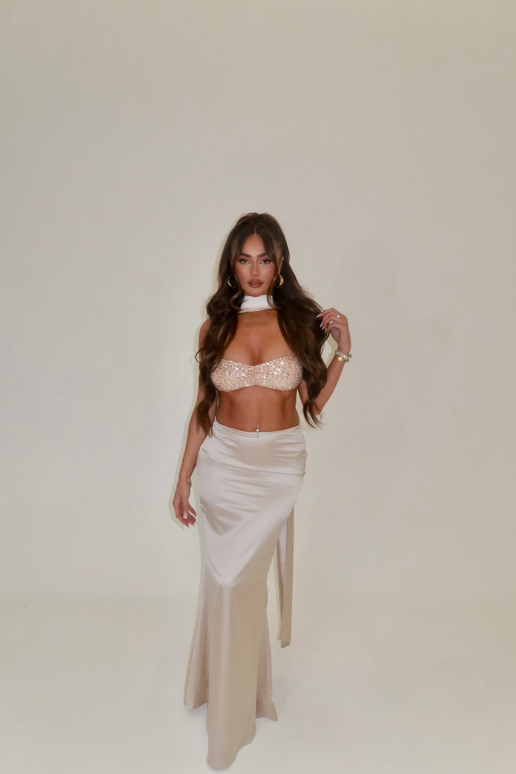 PRINCESS SEQUIN BRALET & SATIN MAXI SKIRT CO-ORD WITH SCARF | GOLD