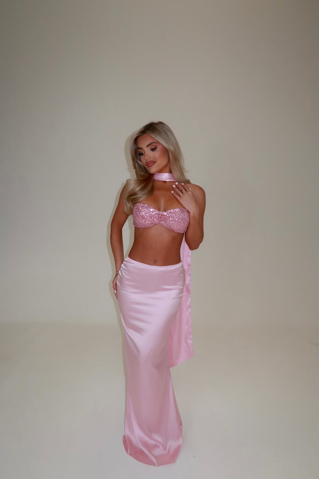 PRINCESS SEQUIN BRALET & SATIN MAXI SKIRT CO-ORD WITH SCARF | PINK