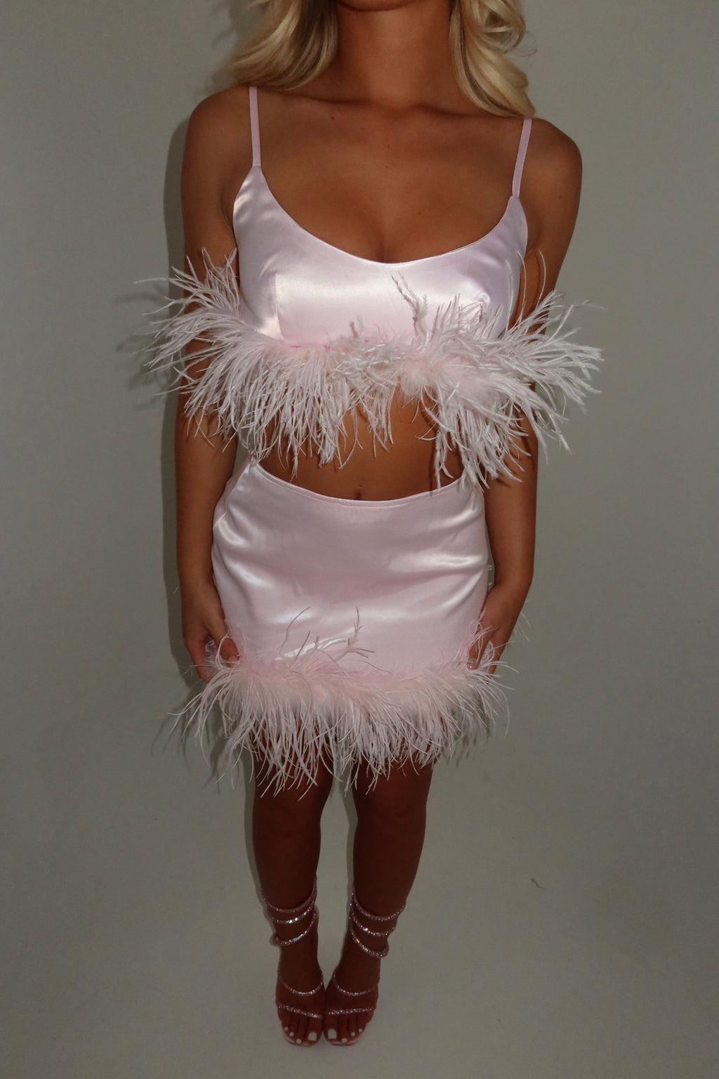 SIENNA OSTRICH FEATHER CROP TOP | BABY PINK