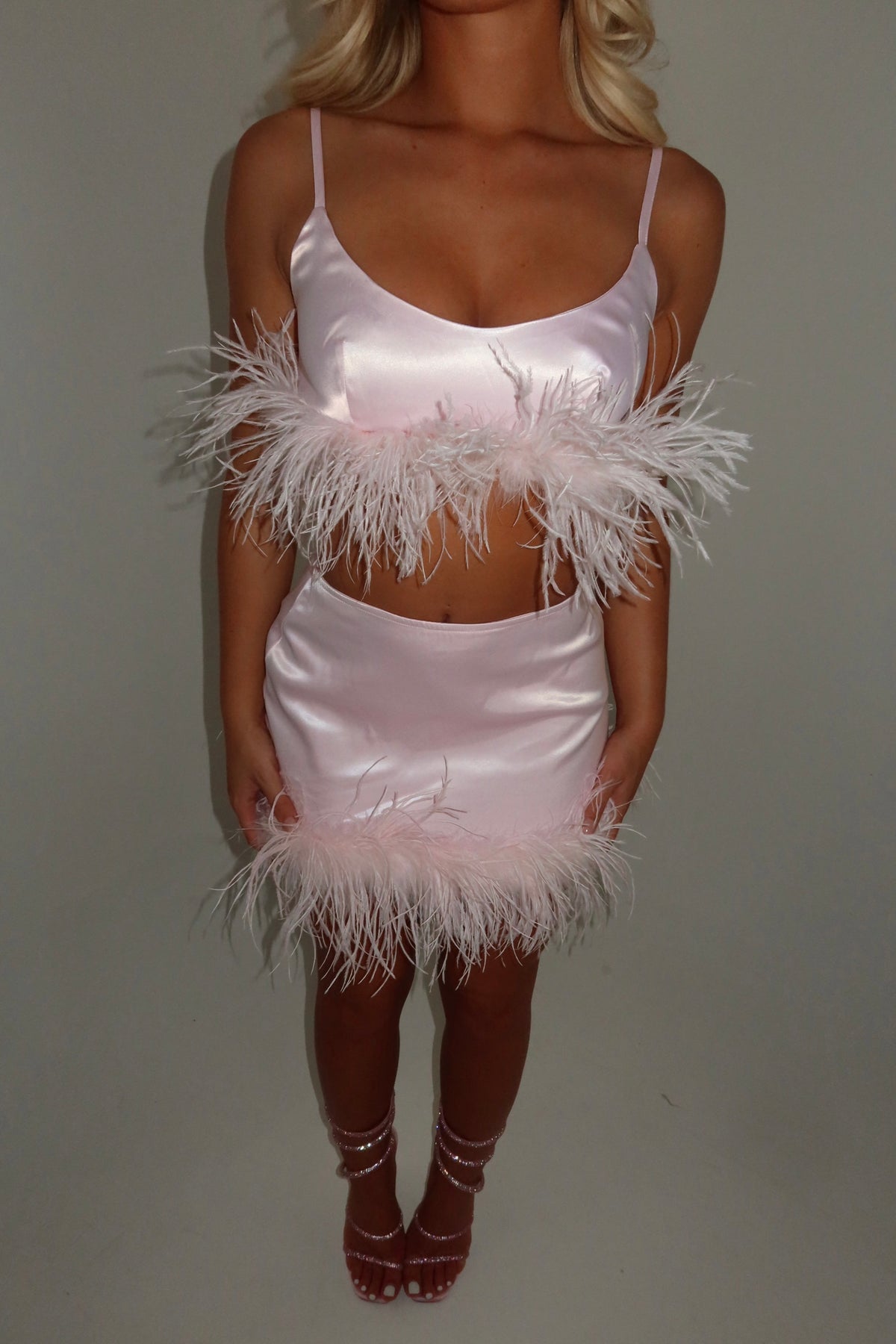 SIENNA OSTRICH FEATHER CROP TOP | BABY PINK