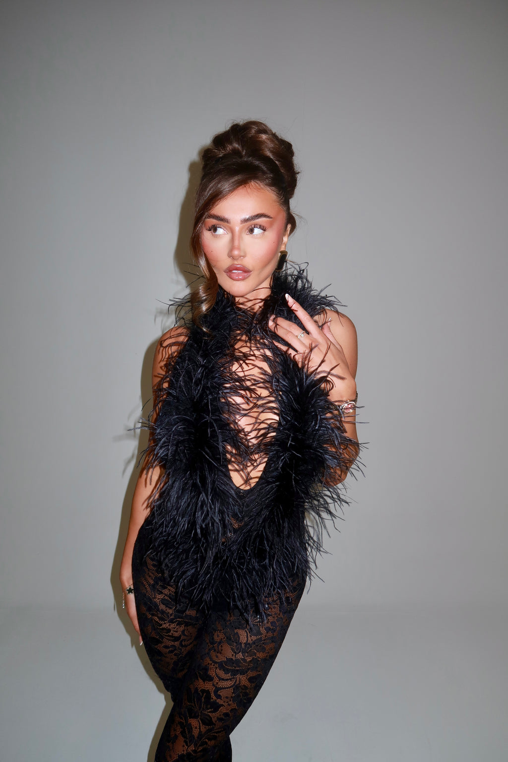 VALENTINA OSTRICH FEATHER SEQUIN LACE JUMPSUIT | BLACK