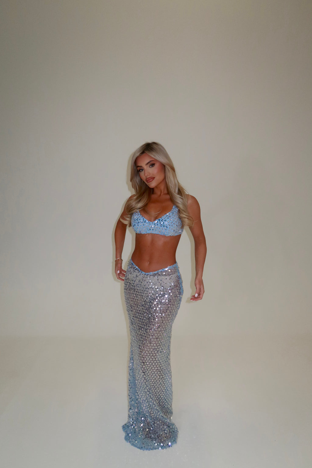 AURA SEQUIN BRALET & MAXI SKIRT CO-ORD | ICEY BLUE