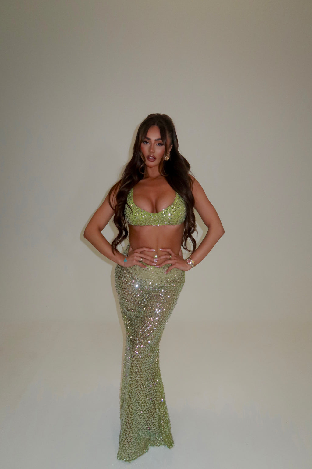 AURA SEQUIN BRALET & MAXI SKIRT CO-ORD | LIME