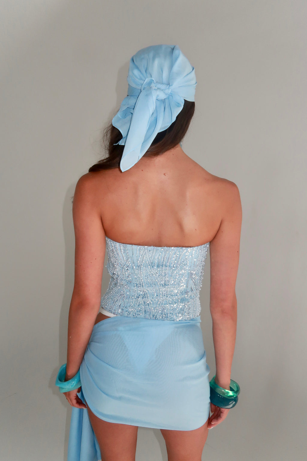 CELESTE BEADED BANDEAU TOP, SARONG & HEADSCARF | ICEY BLUE