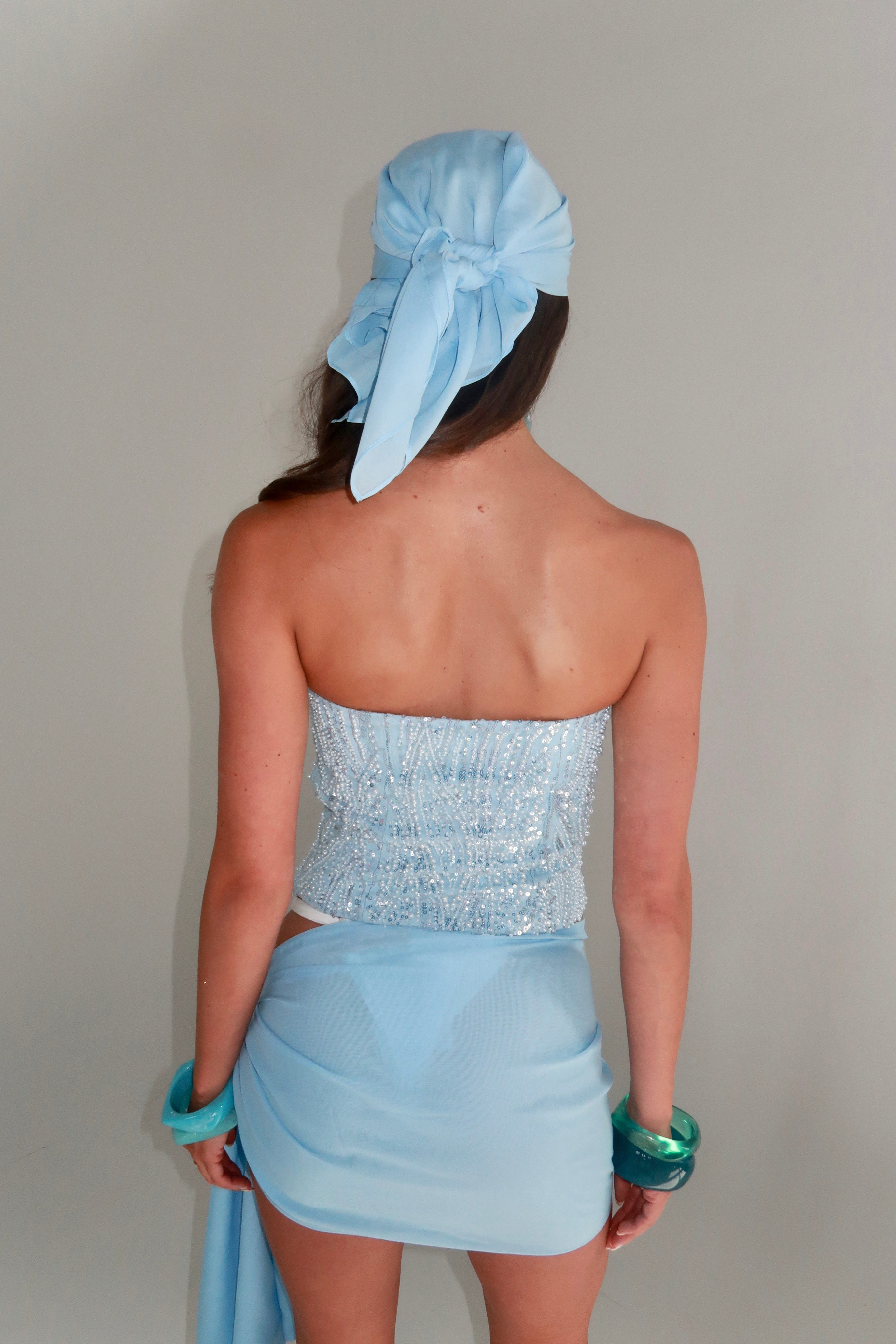 CELESTE BEADED BANDEAU TOP, SARONG & HEADSCARF | ICEY BLUE