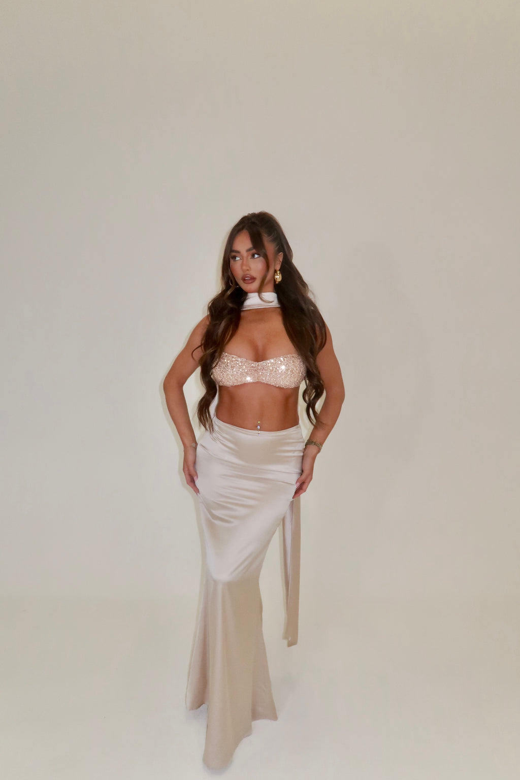 PRINCESS SEQUIN BRALET & SATIN MAXI SKIRT CO-ORD WITH SCARF | GOLD