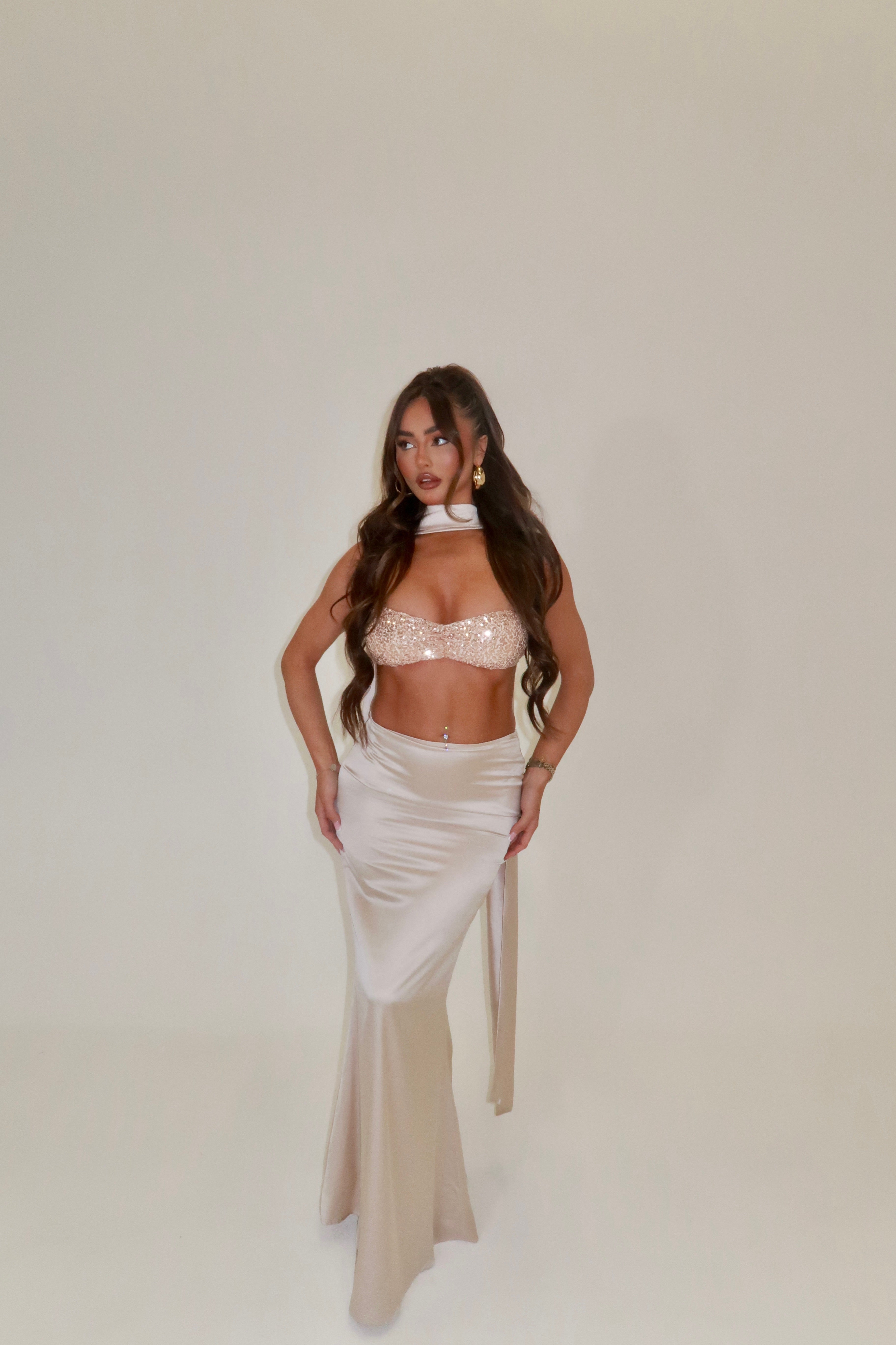 PRINCESS SEQUIN BRALET & SATIN MAXI SKIRT CO-ORD WITH SCARF | GOLD