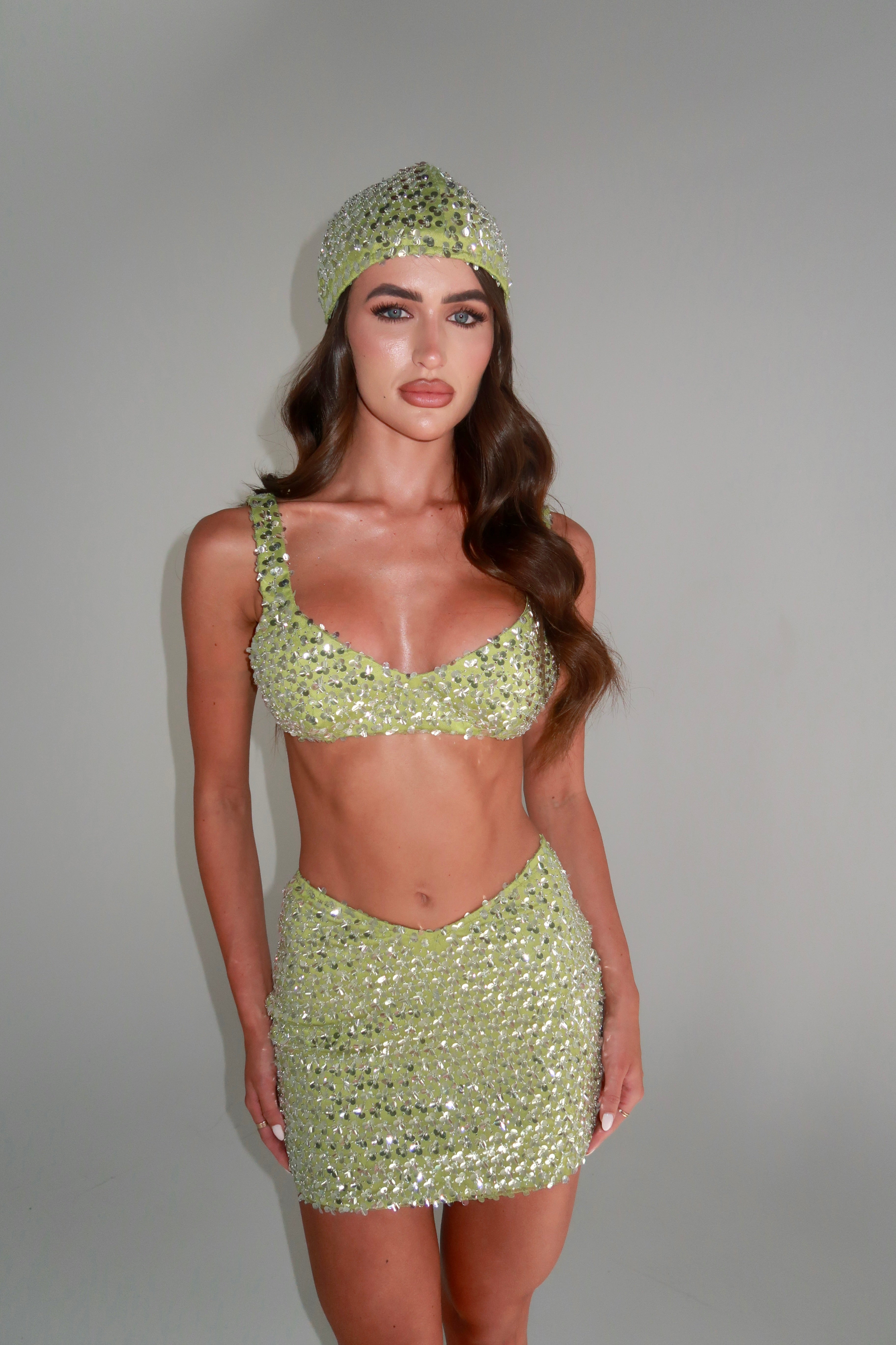 PRE ORDER - DISPATCH DATE: 23.06: AURA SEQUIN BRALET & SKIRT CO-ORD | LIME