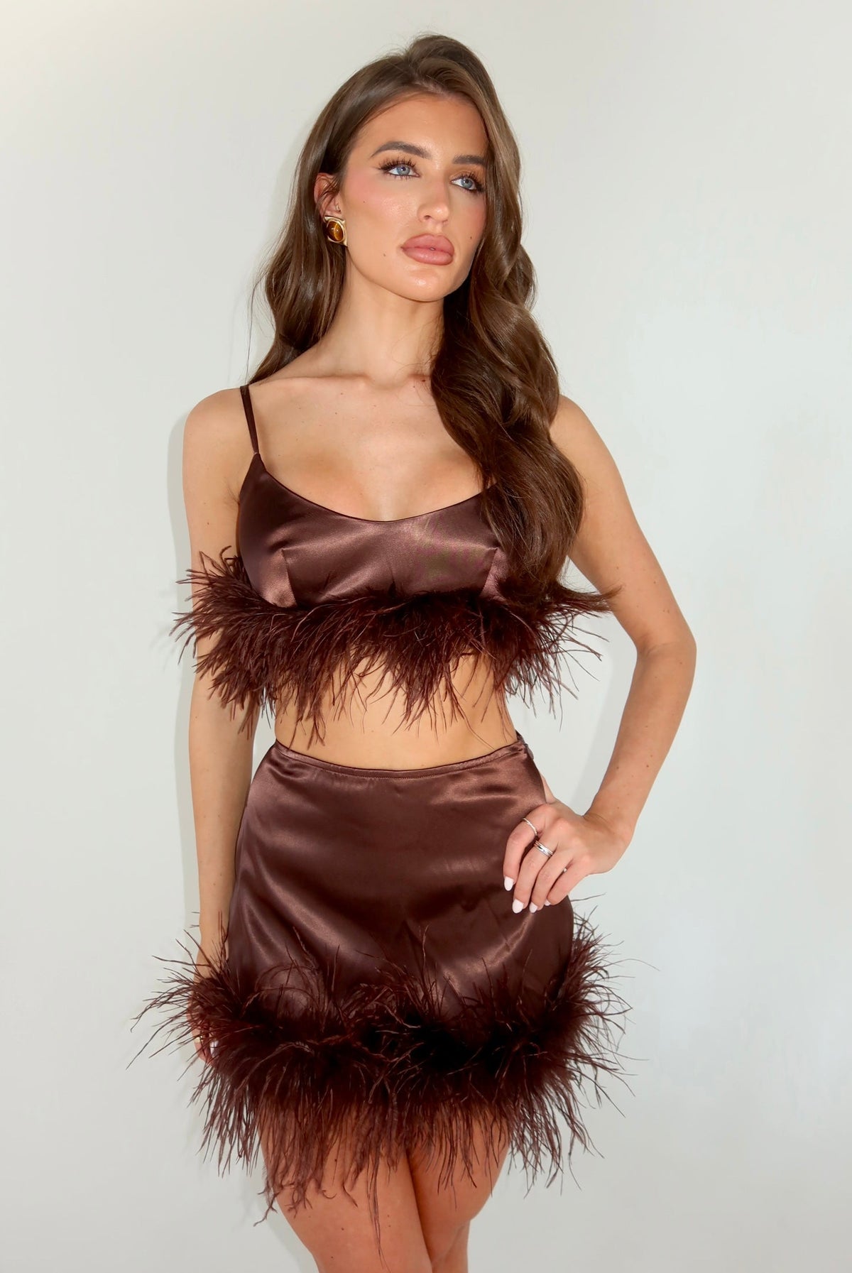 SIENNA OSTRICH FEATHER CROP TOP | CHOCOLATE