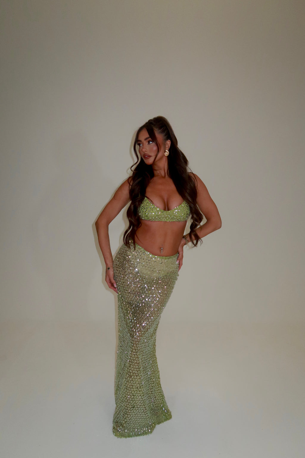 AURA SEQUIN BRALET & MAXI SKIRT CO-ORD | LIME
