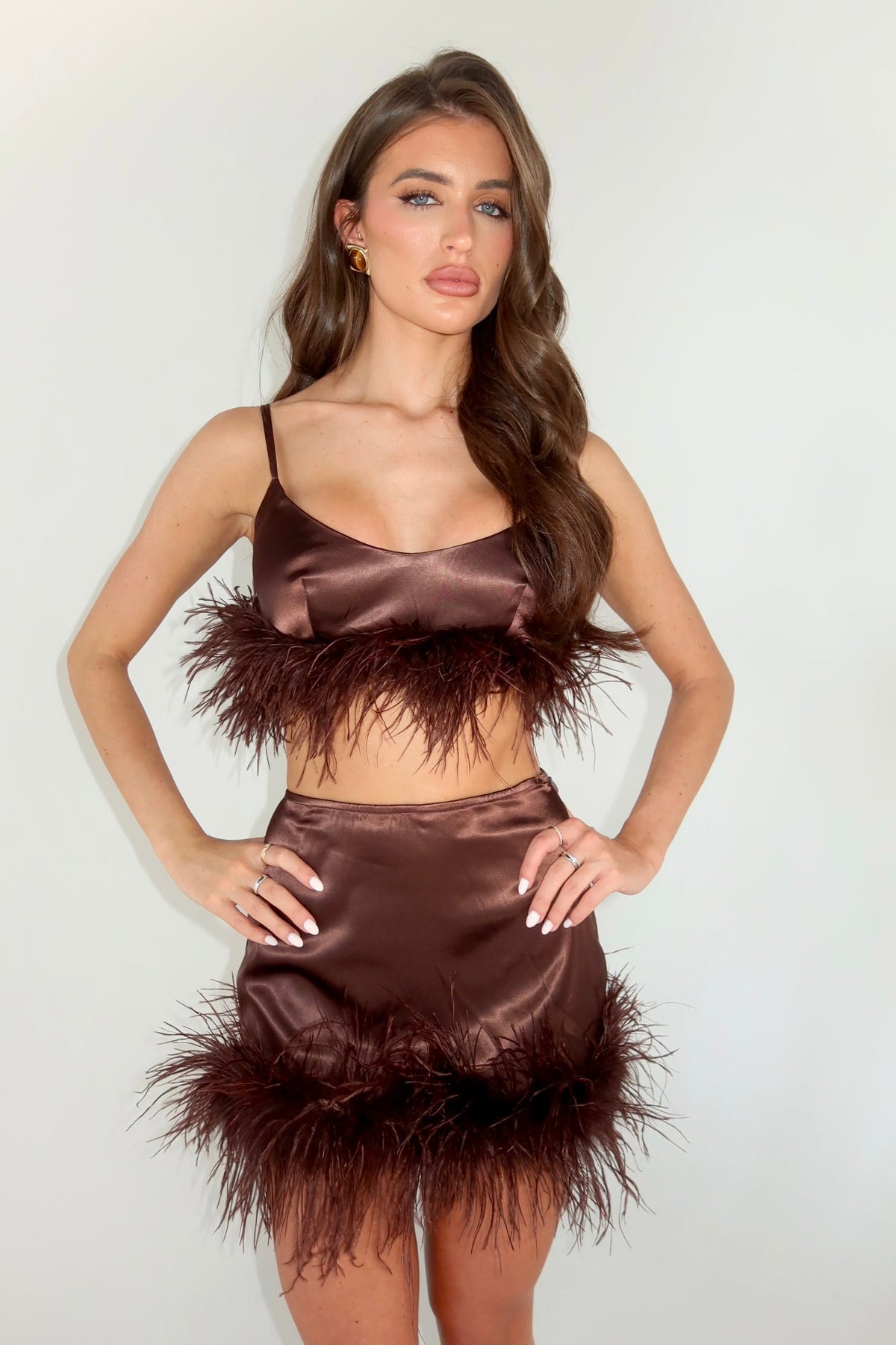 SIENNA OSTRICH FEATHER CROP TOP | CHOCOLATE