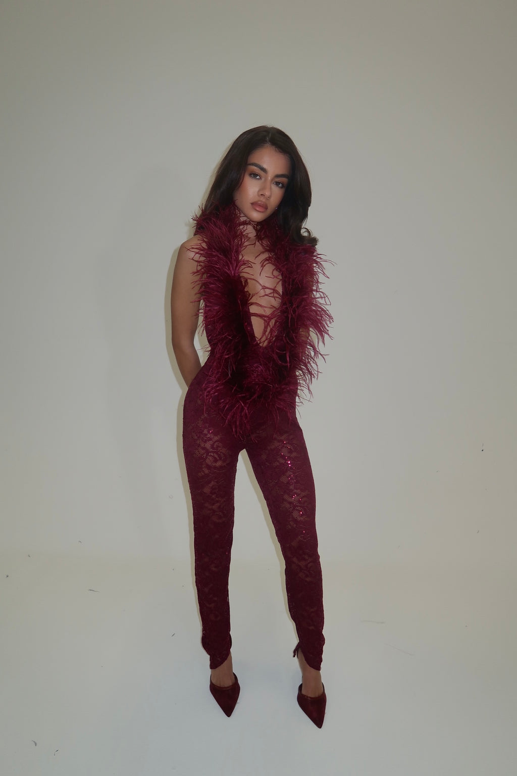 EXCLUSIVE DESIGN: VALENTINA OSTRICH FEATHER SEQUIN LACE JUMPSUIT | BURGUNDY