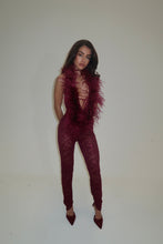 Load image into Gallery viewer, EXCLUSIVE DESIGN: VALENTINA OSTRICH FEATHER SEQUIN LACE JUMPSUIT | BURGUNDY
