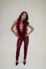 Load image into Gallery viewer, EXCLUSIVE DESIGN: VALENTINA OSTRICH FEATHER SEQUIN LACE JUMPSUIT | BURGUNDY
