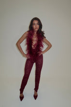 Load image into Gallery viewer, EXCLUSIVE DESIGN: VALENTINA OSTRICH FEATHER SEQUIN LACE JUMPSUIT | BURGUNDY
