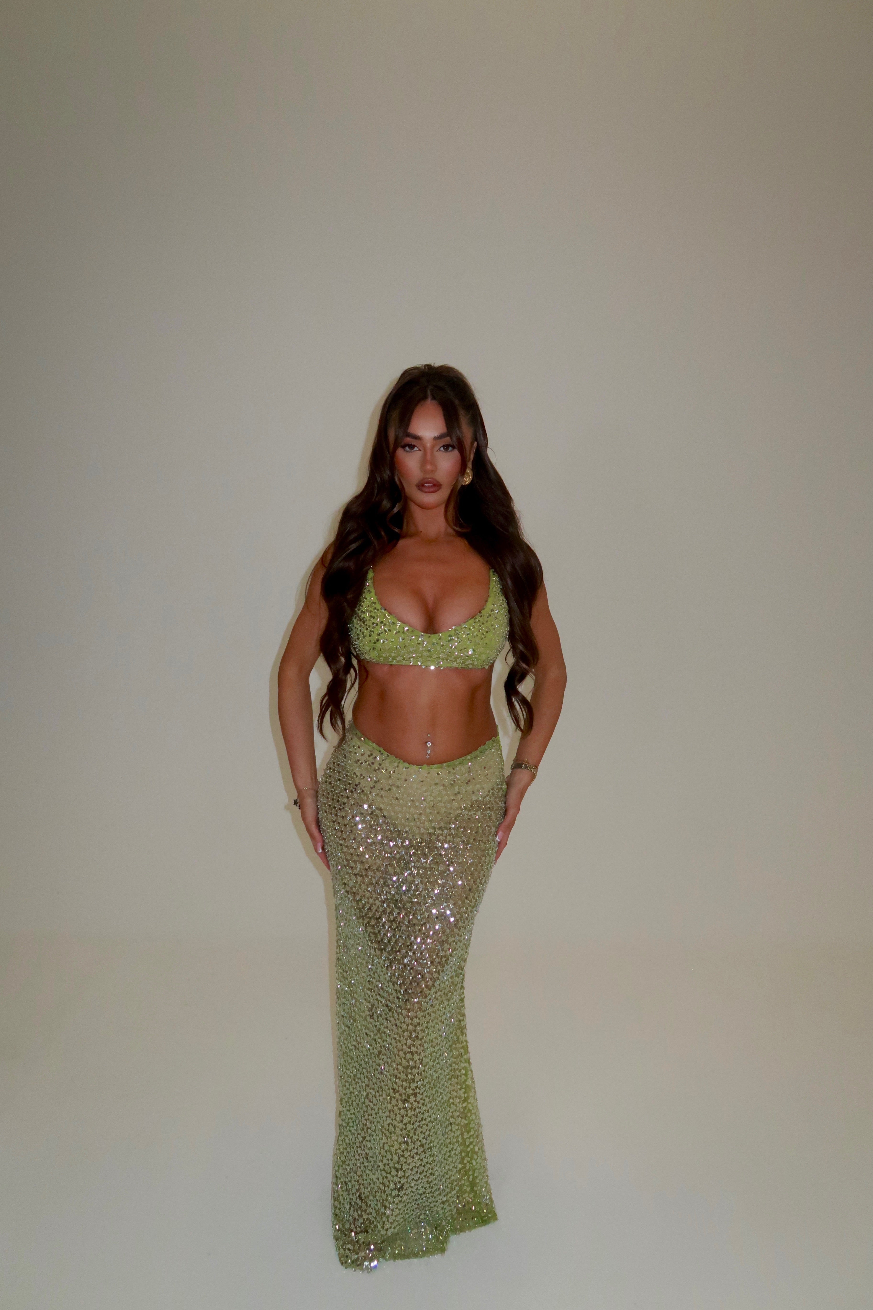 AURA SEQUIN BRALET & MAXI SKIRT CO-ORD | LIME