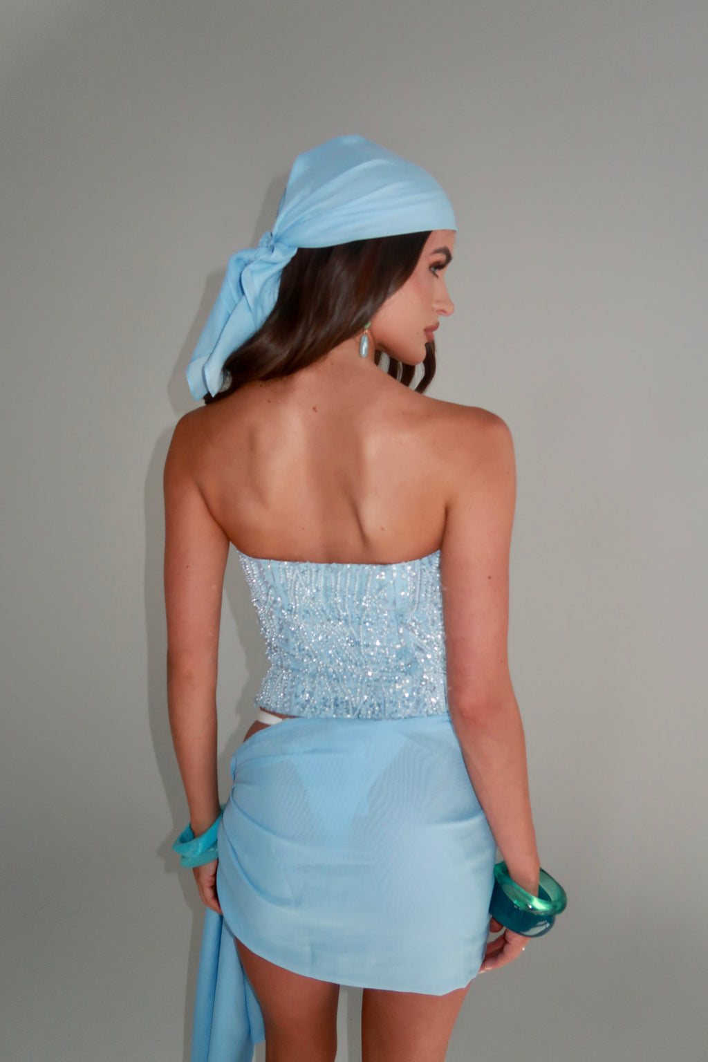 CELESTE BEADED BANDEAU TOP, SARONG & HEADSCARF | ICEY BLUE