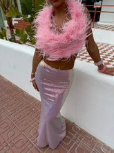 Load image into Gallery viewer, EXCLUSIVE DESIGN - PRE ORDER SHIPS 18.06: MERMAID OSTRICH FEATHER CROP TOP &amp; SEQUIN MAXI SKIRT CO-ORD (BABY PINK)
