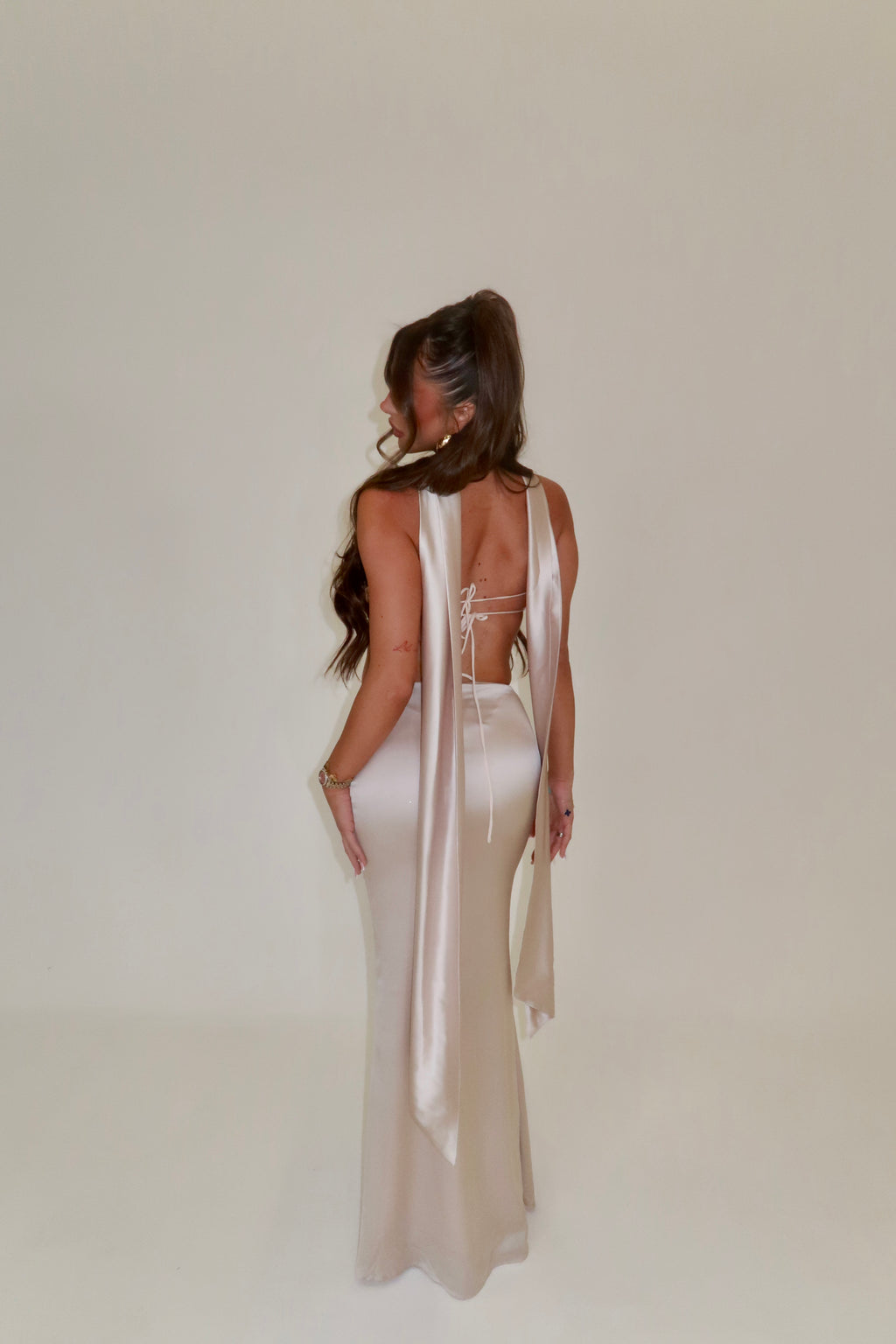 PRINCESS SEQUIN BRALET & SATIN MAXI SKIRT CO-ORD WITH SCARF | GOLD